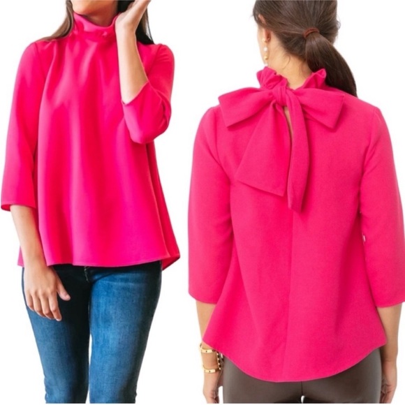Pomander Place by Tuckernuck Faye bow and ruffle blouse in hot pink L - Picture 1 of 12
